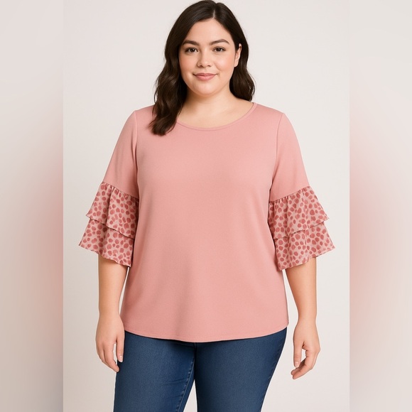 Lane Bryant Pink Ruffle Sleeve Blouse 18/20 Tiered Polka Dot Accent Sleeves 1378 - Picture 1 of 7